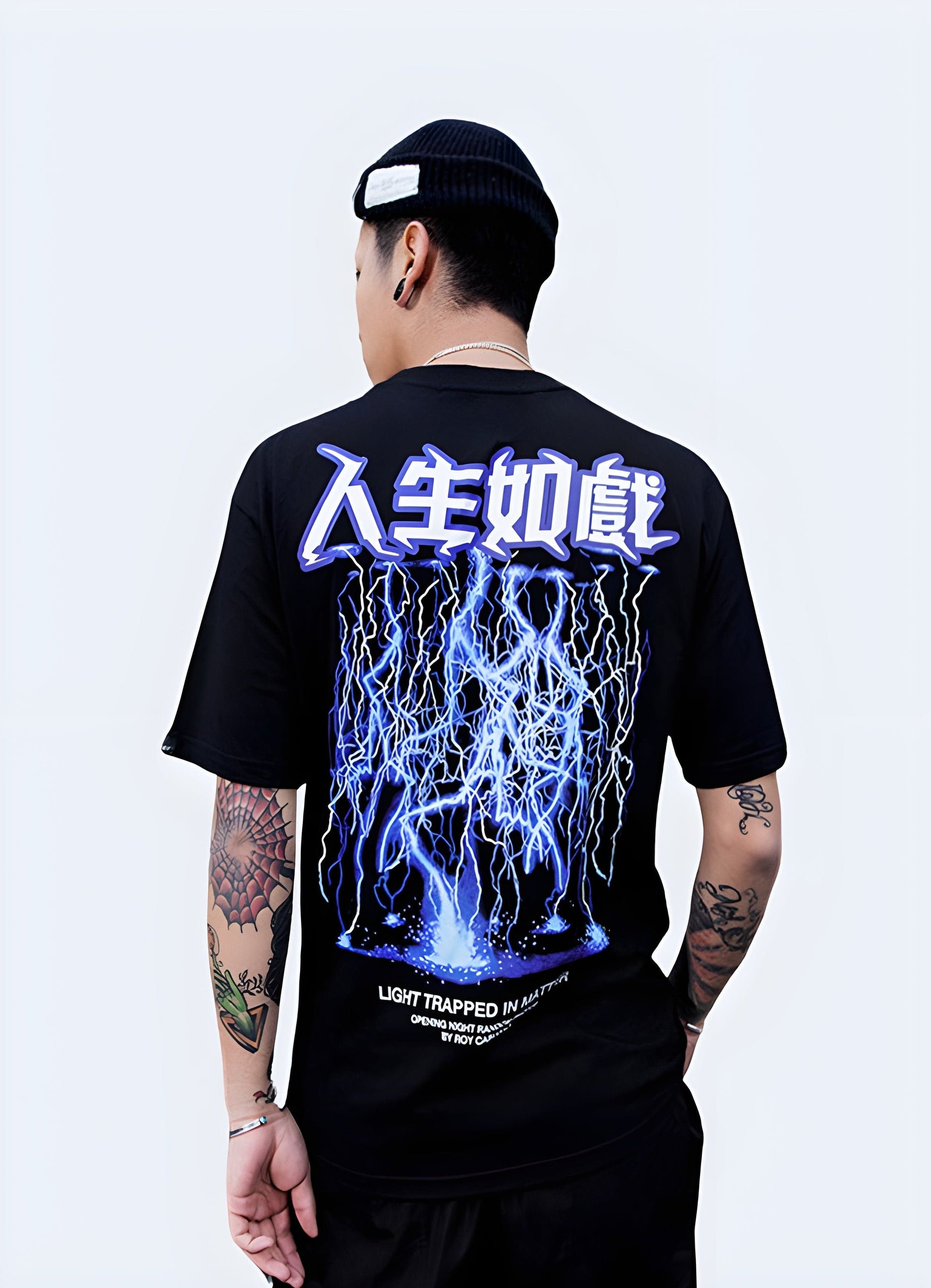 Back view of a man sporting a black lightning shirt, emphasizing its unique and electric design that adds a touch of excitement to any outfit in the UK.