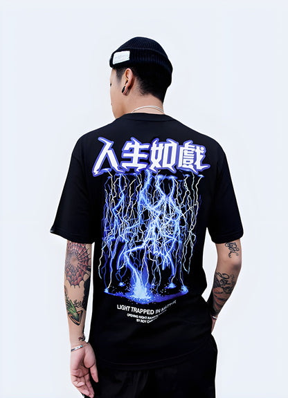 Back view of a man sporting a black lightning shirt, emphasizing its unique and electric design that adds a touch of excitement to any outfit in the UK.