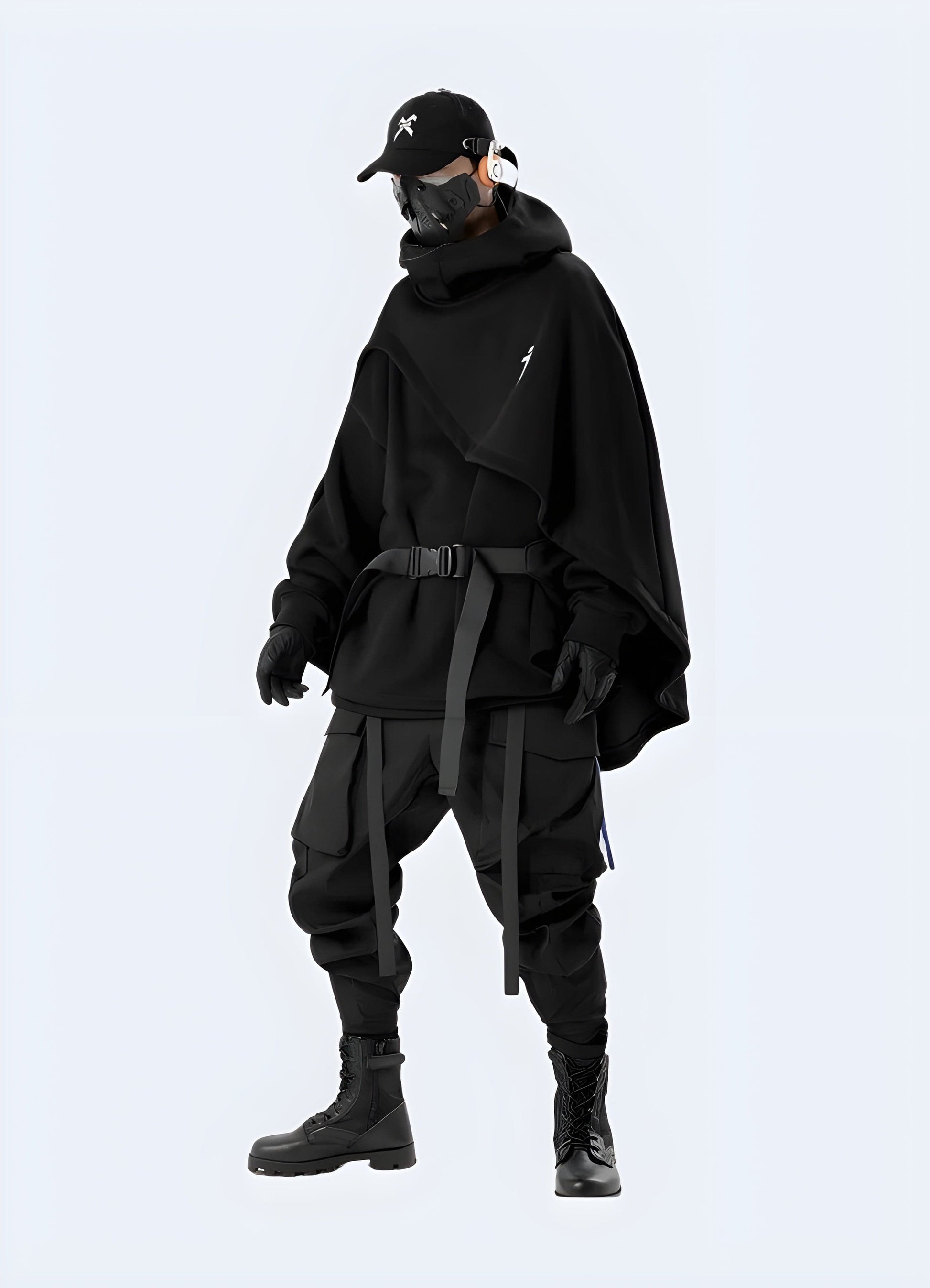 Full front view of a man wearing a black sci-fi poncho, featuring a sleek and modern aesthetic, ideal for the UK sci-fi fashion enthusiast.