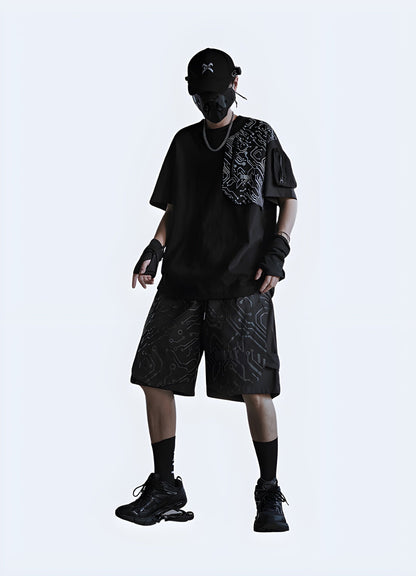 Front view of a man wearing cybernetic shorts, featuring the cutting-edge design and high-tech aesthetic, ideal for the UK cyberpunk fashion enthusiast.