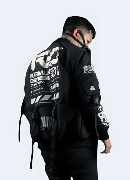 Back view of a man wearing a black cyberpunk bomber jacket, showcasing its sleek silhouette, high-tech details, and edgy appeal, perfect for style-conscious UK consumers seeking a bold statement piece.