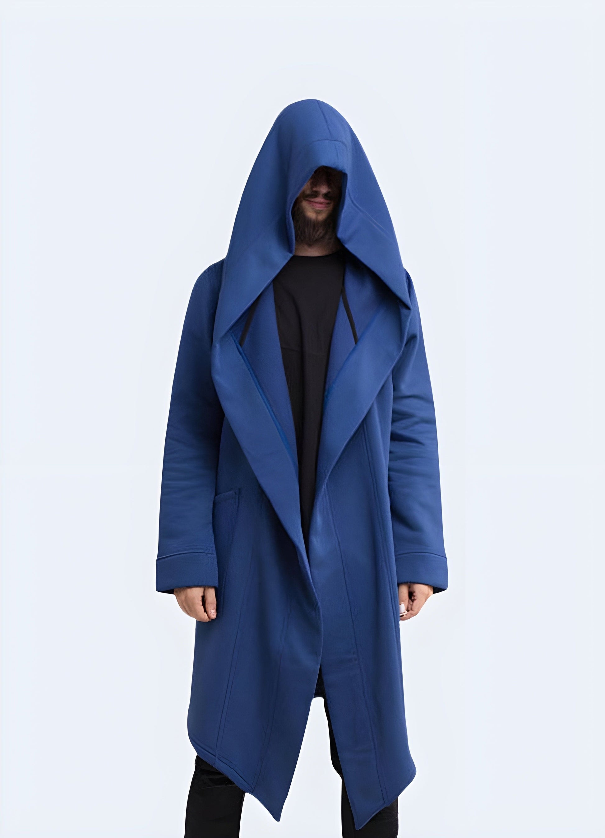 Front view of a man donning a blue cyberpunk cloak, emphasizing its striking hue and futuristic aesthetics, ideal for making a strong impression in the UK.