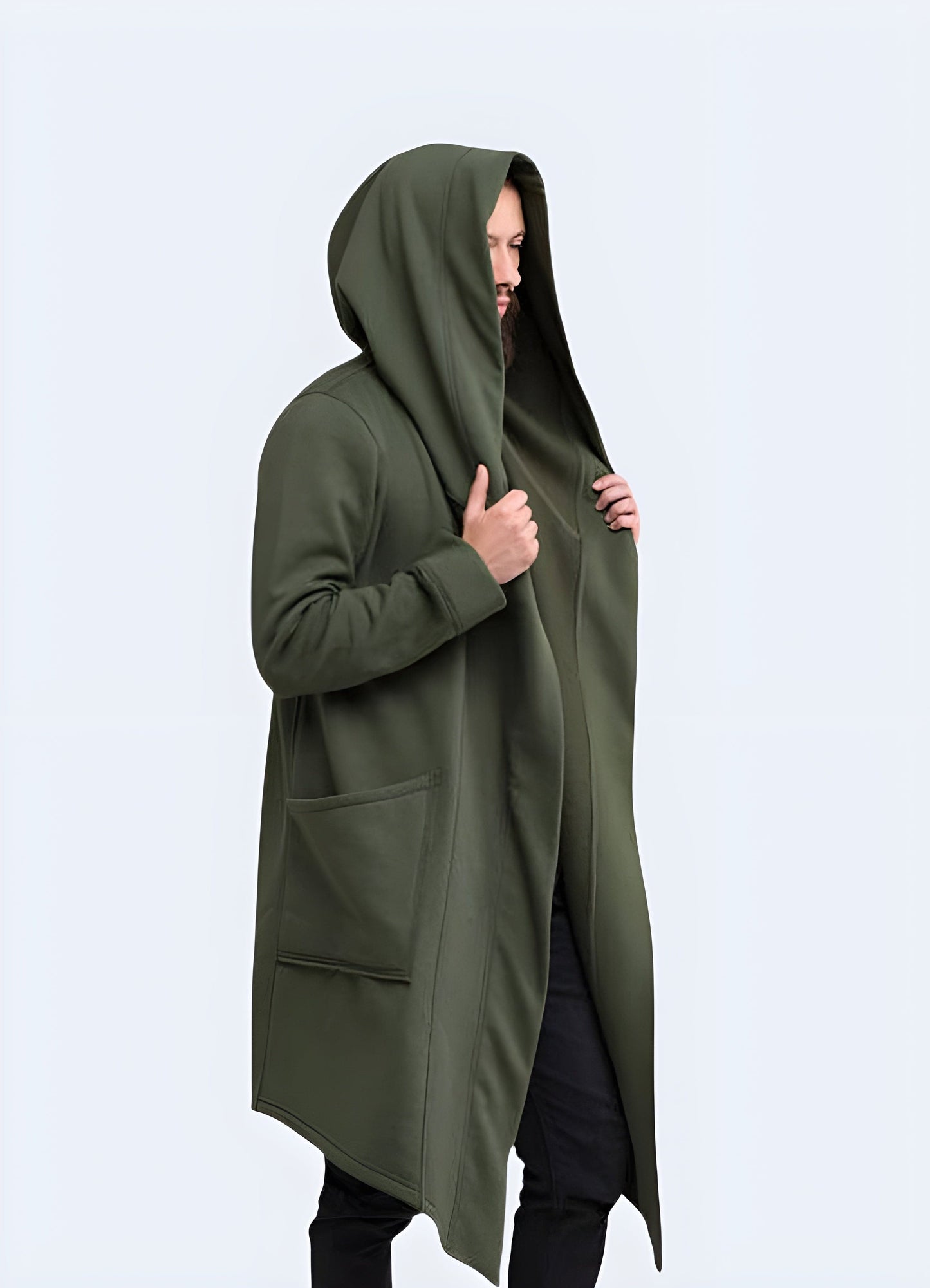 Front view of a man sporting a green cyberpunk cloak, highlighting its eye-catching color and avant-garde design for those who appreciate unconventional fashion in the UK.