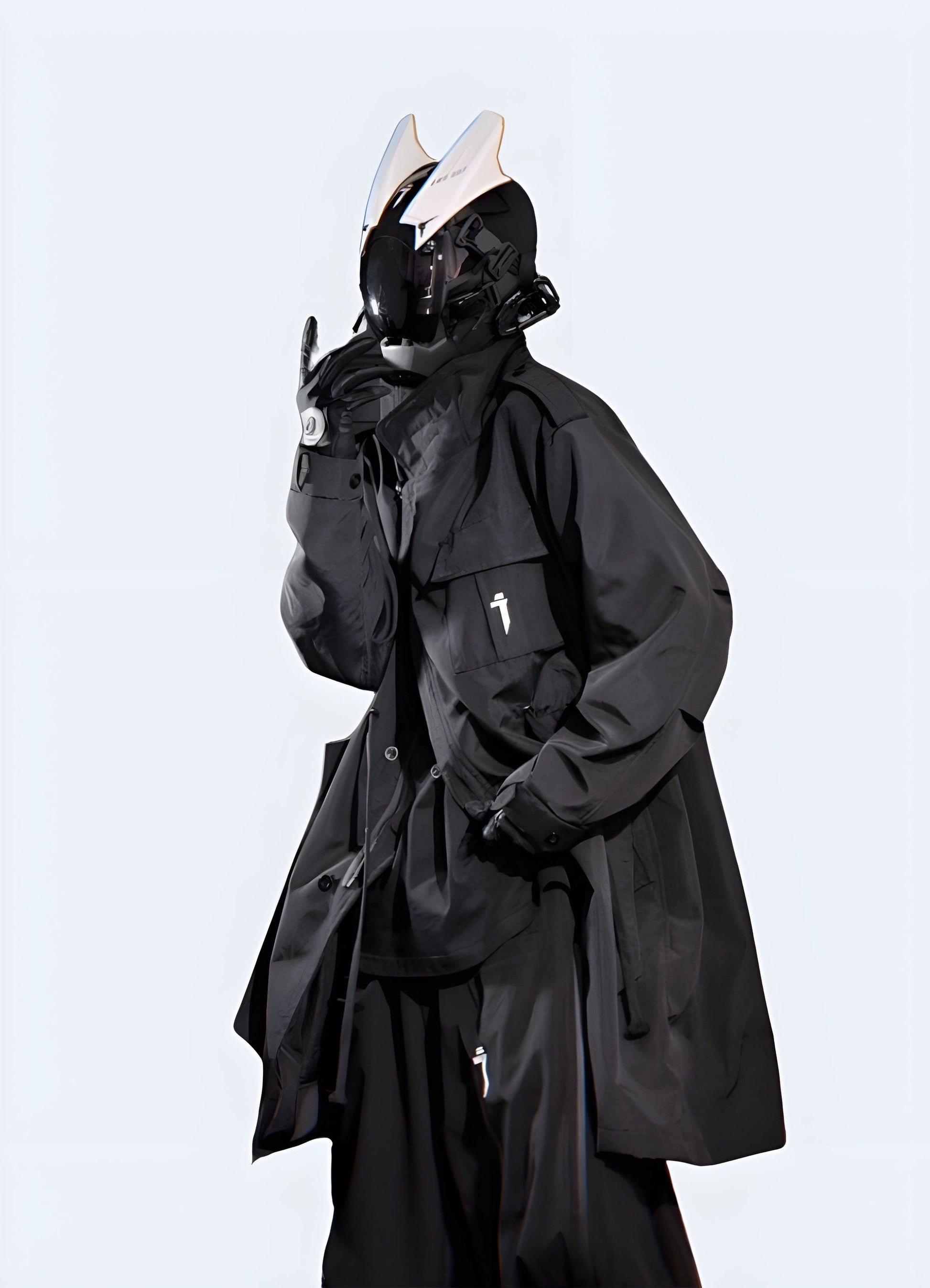 Front side view of a man wearing a cyberpunk futuristic jacket, showcasing its unique silhouette, high-tech details, and edgy appeal, perfect for style-conscious UK consumers seeking a bold statement piece.