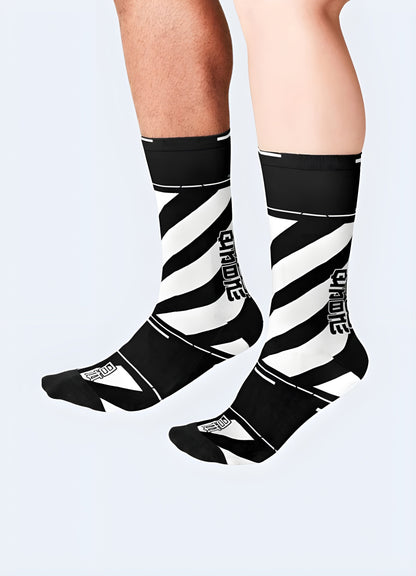 Front view of a man wearing cyberpunk socks, showcasing the bold and futuristic style that's trending in the UK streetwear scene.