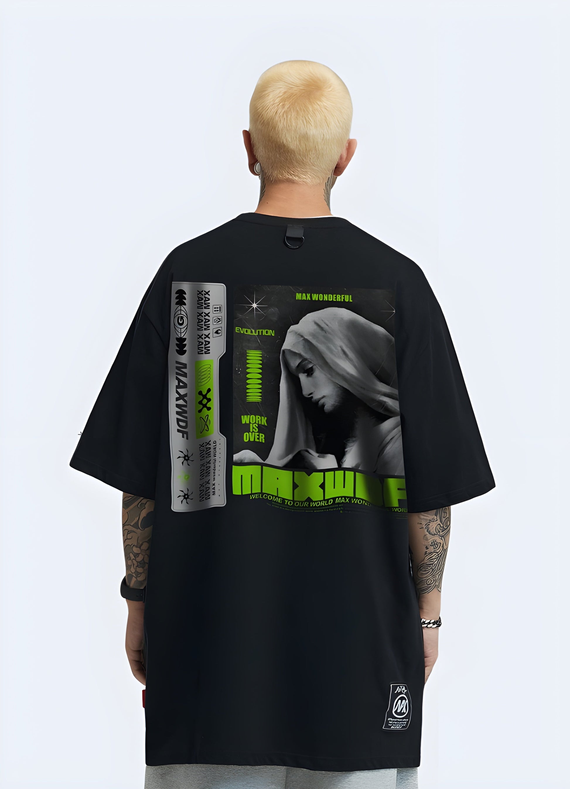 Back view of a man sporting a cyberpunk t-shirt, highlighting its striking design elements and comfortable fit for fans of dystopian fashion in the UK.