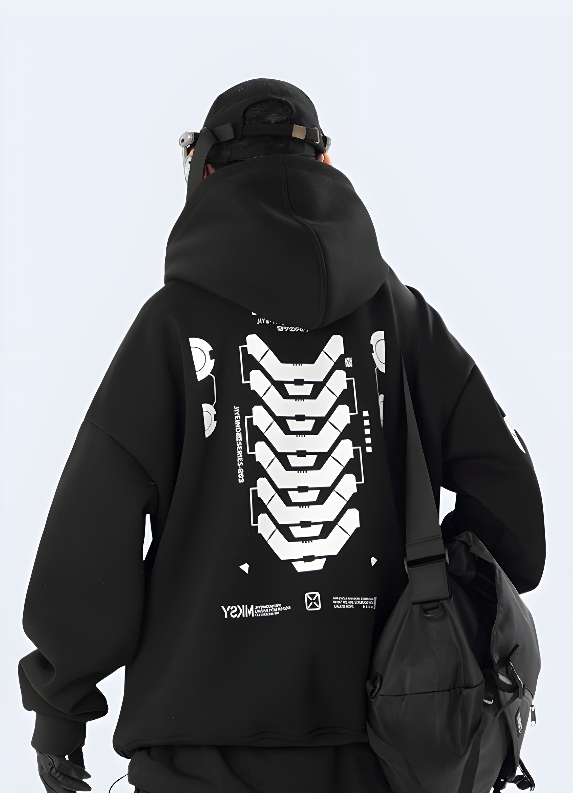 A back view stylish cyberpunk techwear hoodie for edgy urban fashion in the UK.