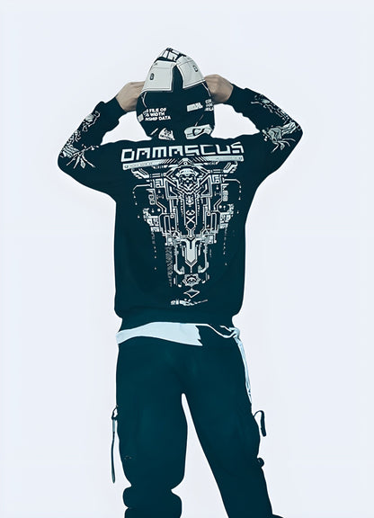 A back view stylish cyberpunk techwear hoodie for edgy urban fashion in the UK.