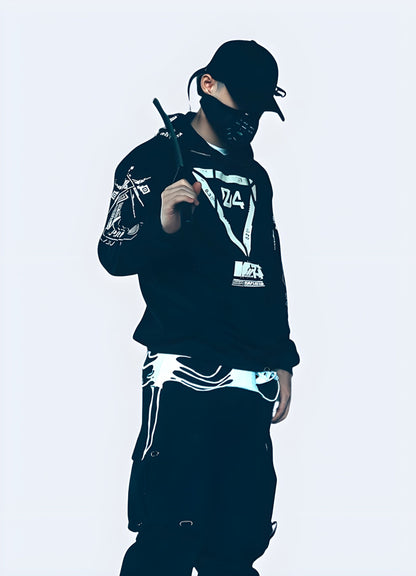 Man wearing a cyberpunk techwear hoodie – Side view | Stylish, futuristic streetwear hoodie with tech-inspired design for urban fashion – Available in the UK.