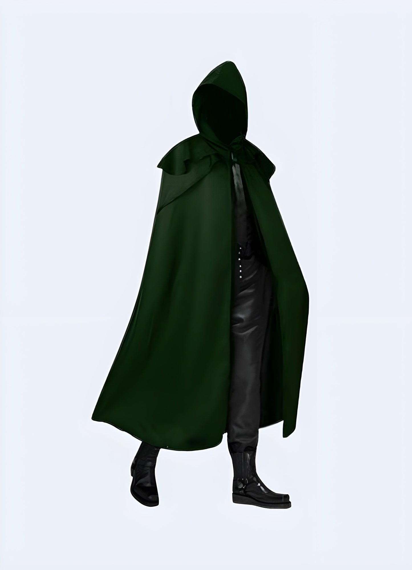 Front view of a man donning a green dark futuristic hooded cloak, emphasizing its vibrant color and sleek silhouette, perfect for making a strong impression in the UK urban scene.