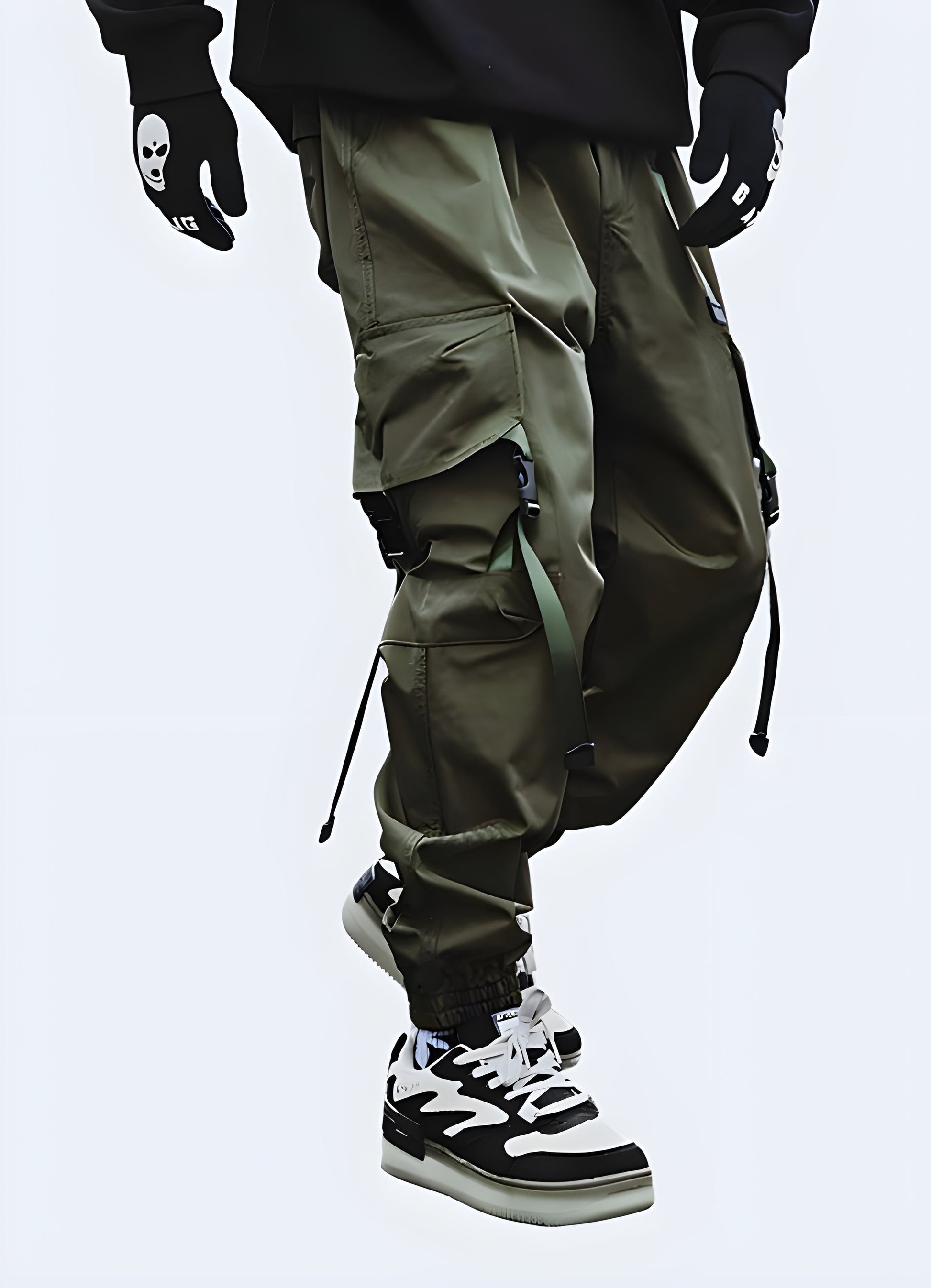 Front view of a man wearing trendy dark green cargo pants, showcasing the garment's rugged aesthetics and practical features, perfect for fashion-forward individuals in the UK.