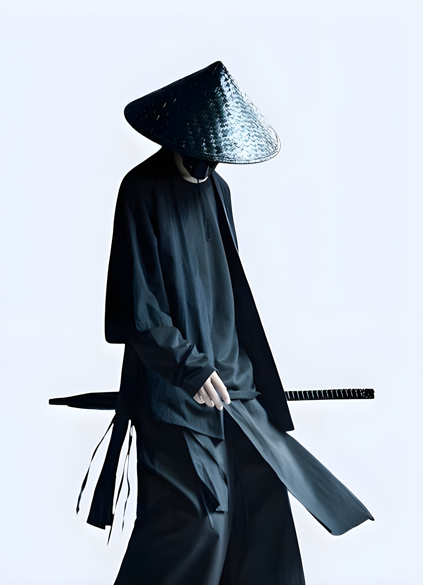 Side view of a man wearing a captivating dark samurai-inspired kimono, showcasing the garment's sleek silhouette, rich textures, and the perfect blend of historical influence with contemporary streetwear style.