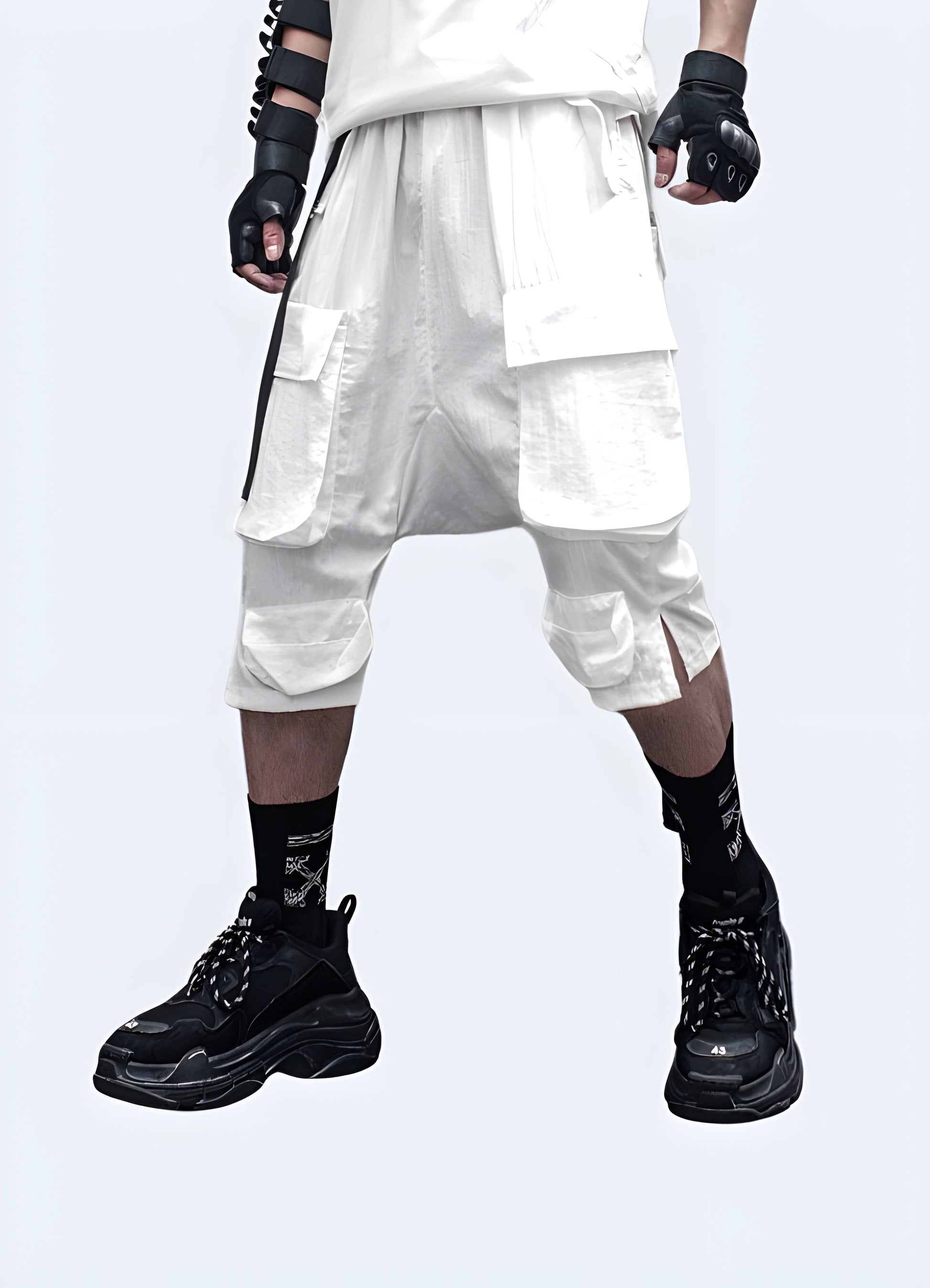 Front view of a model donning avant-garde drop crotch techwear shorts, emphasizing the garment's edgy aesthetic, advanced technical features, and perfect blend of fashion and functionality for the modern urban adventurer.