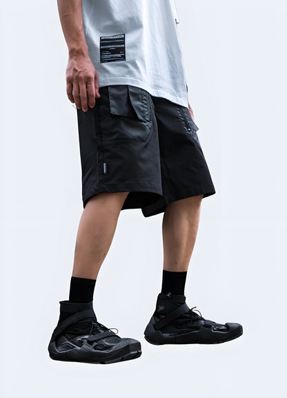 Side view of a man wearing functional shorts, featuring practical pockets and a stylish cut, suitable for everyday wear in the UK.