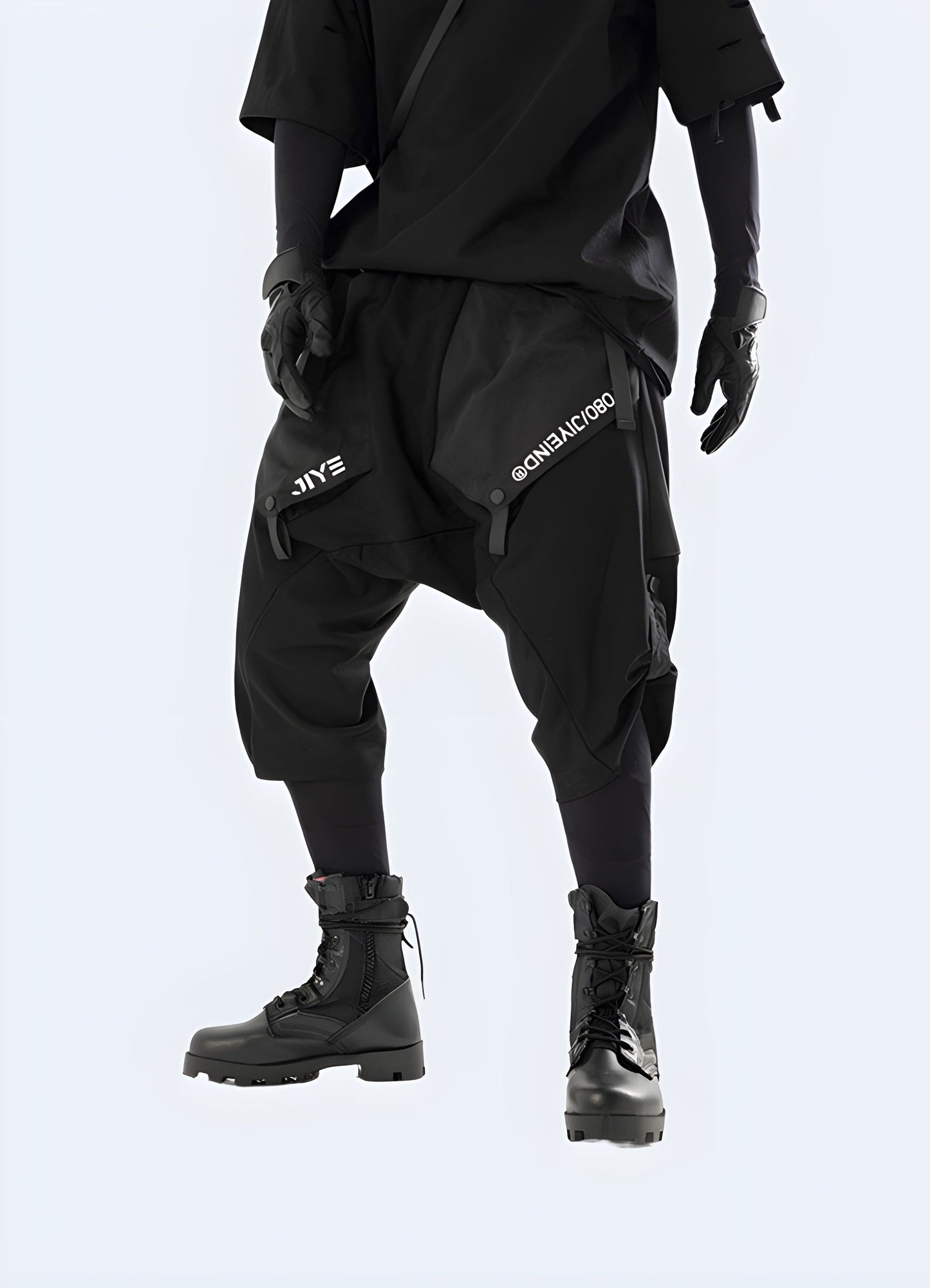 Front view of a man wearing futuristic shorts, showcasing the unique style and modern features, ideal for making a statement in the UK.