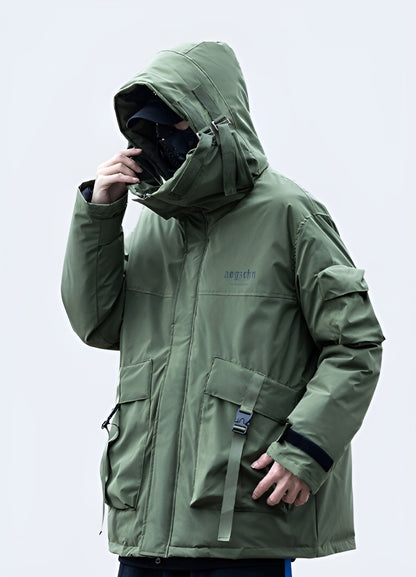 Back view of a man wearing a green techwear jacket, highlighting its sleek silhouette and advanced materials, ideal for active individuals in the UK.