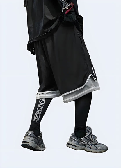 Man wearing hip-hop techwear shorts, back view, highlighting the fashionable and functional design for UK urban fashion.