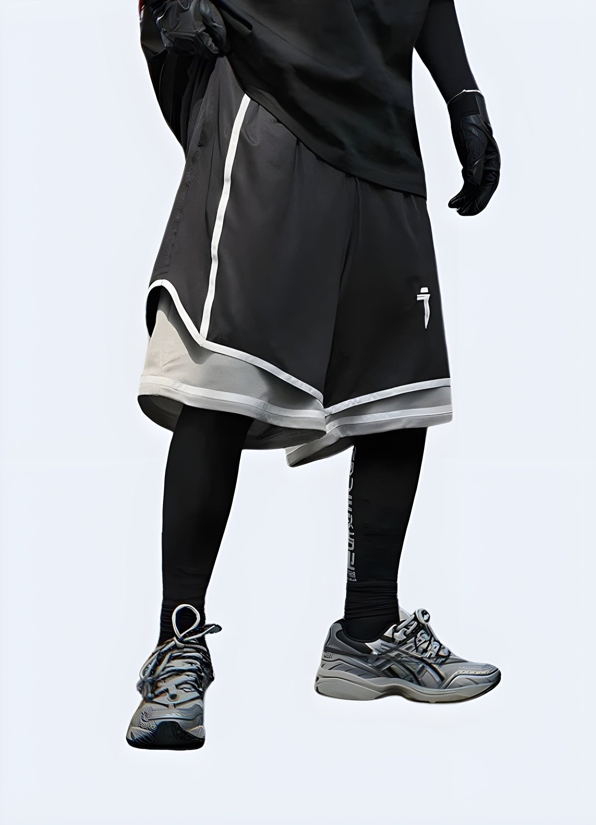 Man wearing trendy hip-hop techwear shorts, front view, showcasing the perfect blend of style and comfort for UK streetwear.