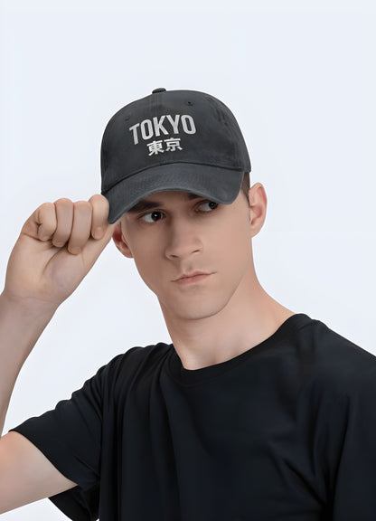 Tokyo Japan trucker cap with a white logo, side view. Vibrant headgear for a bold fashion statement.