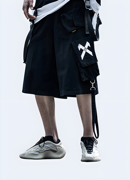 Front view of a man wearing Japanese streetwear shorts, showcasing the distinctive design and cultural influence, perfect for the UK fashion-forward individual.