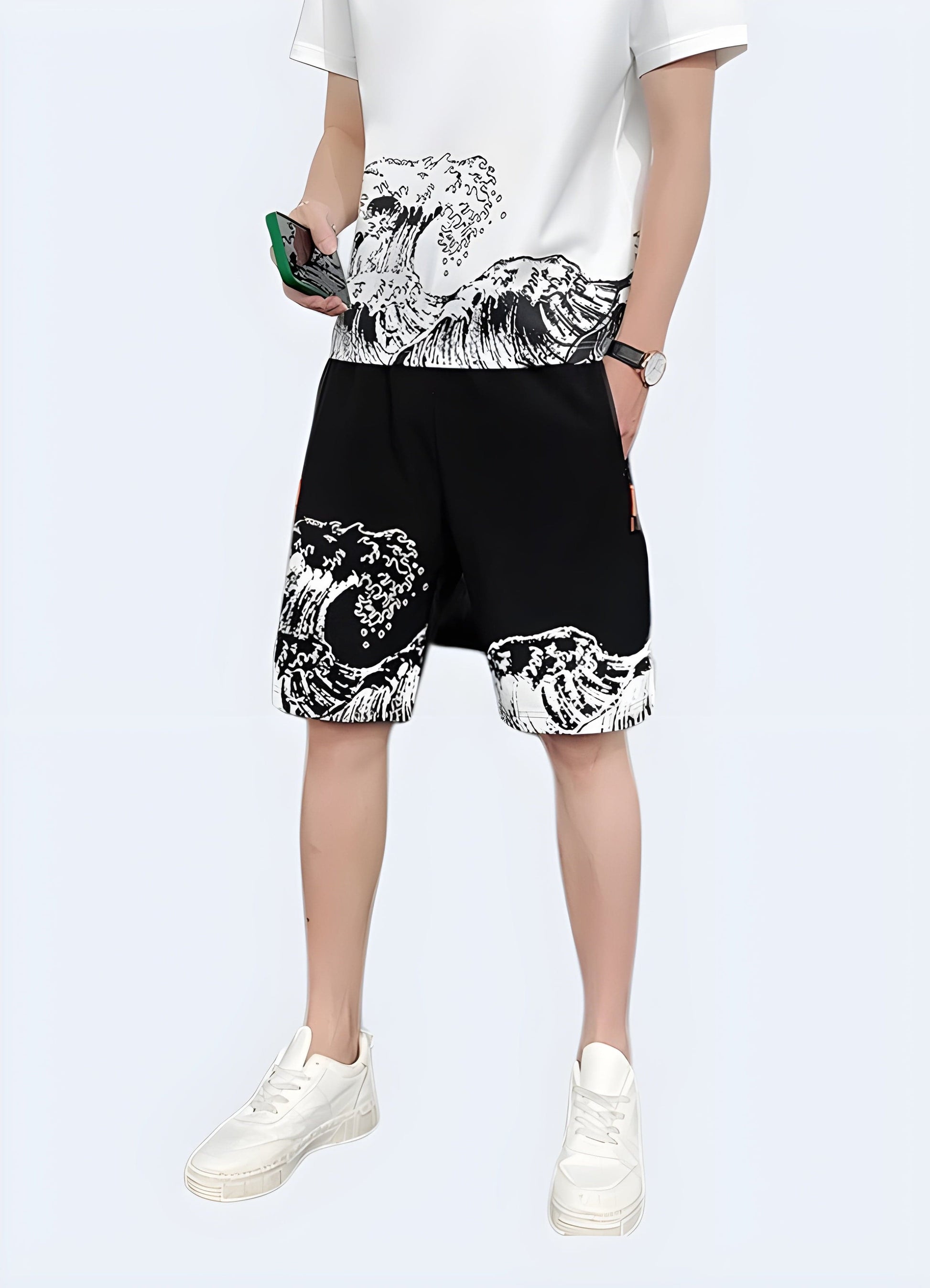 Front view of a man wearing Japanese wave shorts, showcasing the elegant wave design and unique cultural aesthetic, perfect for the UK fashion enthusiast.