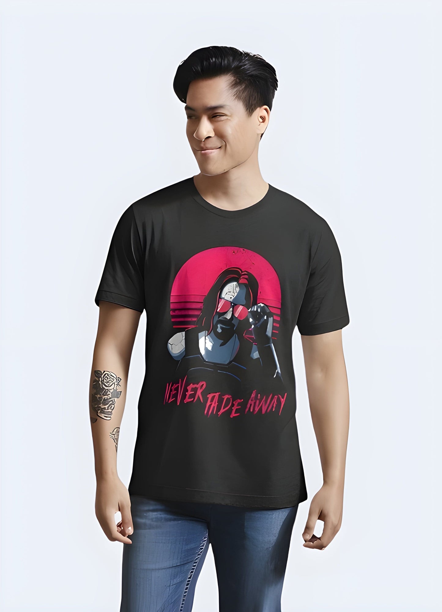 Model sporting a stylish black Johnny Silverhand t-shirt, front view, featuring a striking graphic print of the iconic Cyberpunk 2077 character, perfect for fans of the popular video game looking to showcase their love for the franchise in the UK.