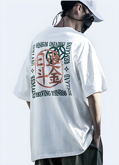 Back view of a model donning a Korean oversized shirt, showcasing its loose fit and trendy aesthetics for fashion-forward individuals in the UK.