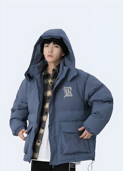 Man wearing a blue Korean techwear jacket, front open view, showcasing its versatility and modern design for UK streetwear enthusiasts.