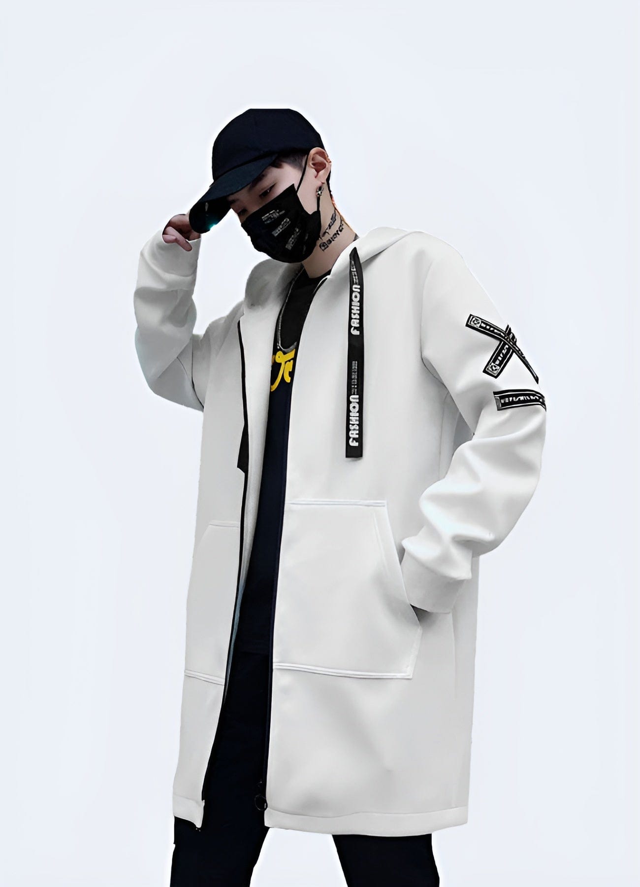 Front view of a model wearing a white streetwear coat, showcasing its modern aesthetics, clean lines, and trendy details, perfect for style-conscious men in the UK.