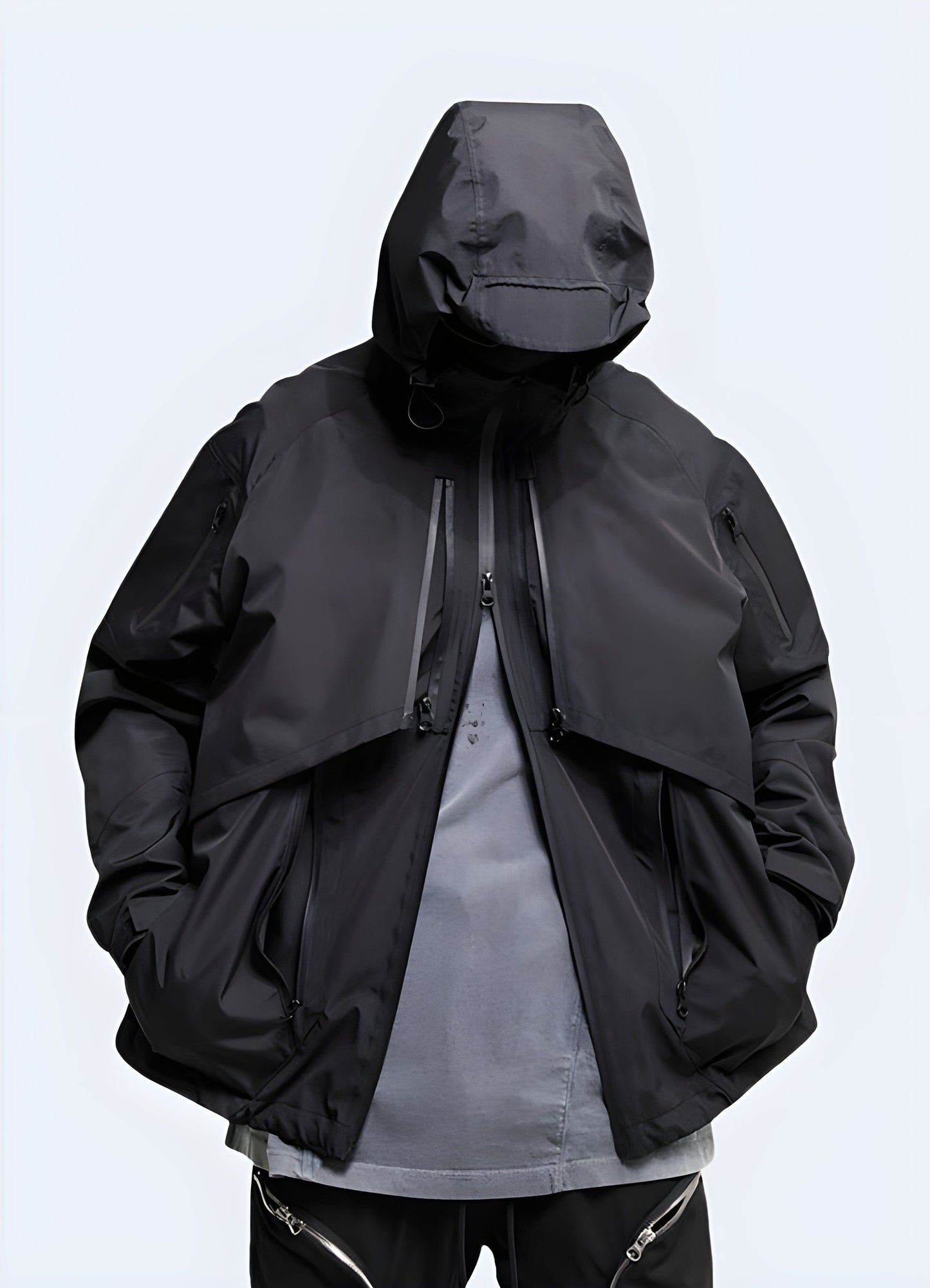 Man wearing a  ninja-inspired techwear jacket, front view, demonstrating its fashionable and practical appeal for UK urban enthusiasts.