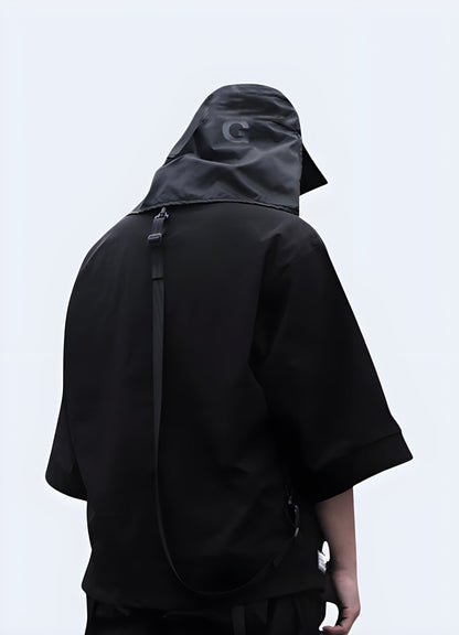 Back view of a man wearing a ninja kimono, showcasing the sleek silhouette and dark aesthetic, ideal for the UK fashion-forward individual looking to channel their inner ninja.