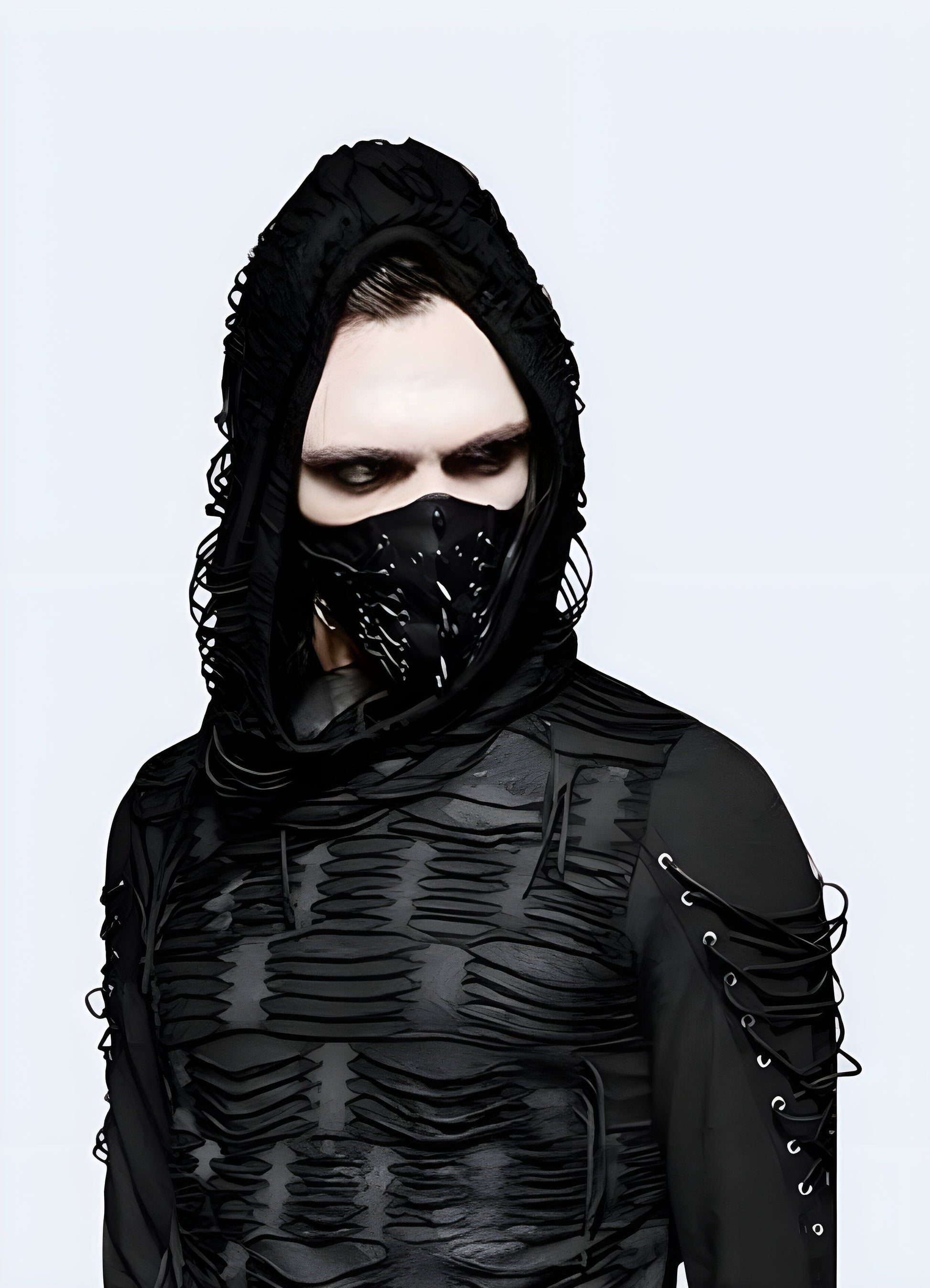 A man wearing a punk face mask in front view, demonstrating the edgy design and bold statement for alternative fashion in the UK.