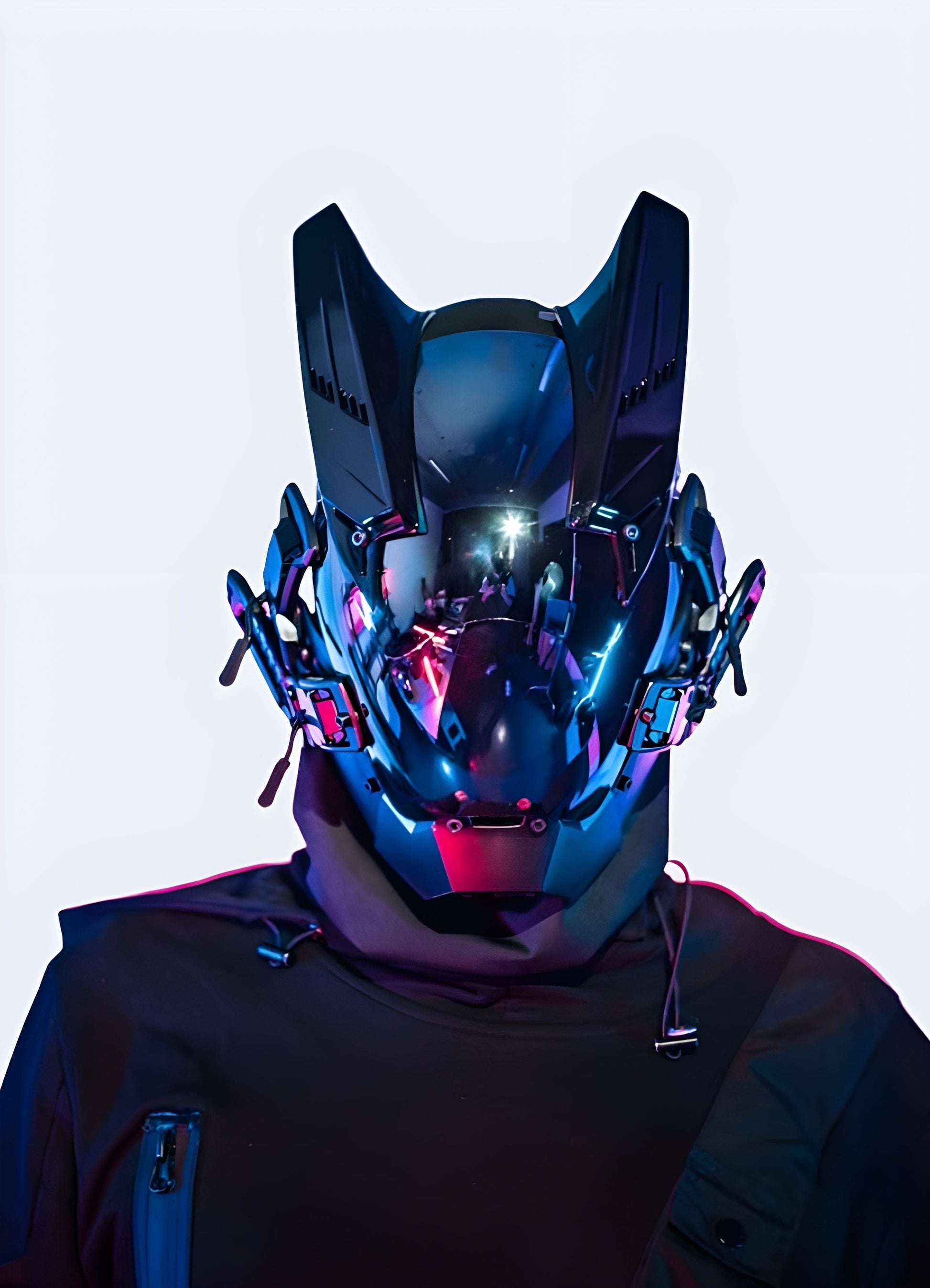 A man wearing sci-fi masks in front view, demonstrating the futuristic design and fit for techwear and cosplay purposes in the UK.