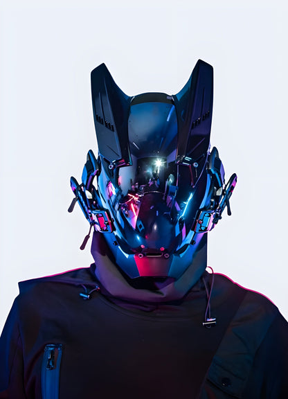 A man wearing sci-fi masks in front view, demonstrating the futuristic design and fit for techwear and cosplay purposes in the UK.