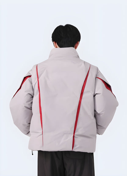 Back view of a man sporting a trendy grey Seoul jacket, highlighting its versatile and comfortable fit for UK fashion enthusiasts.