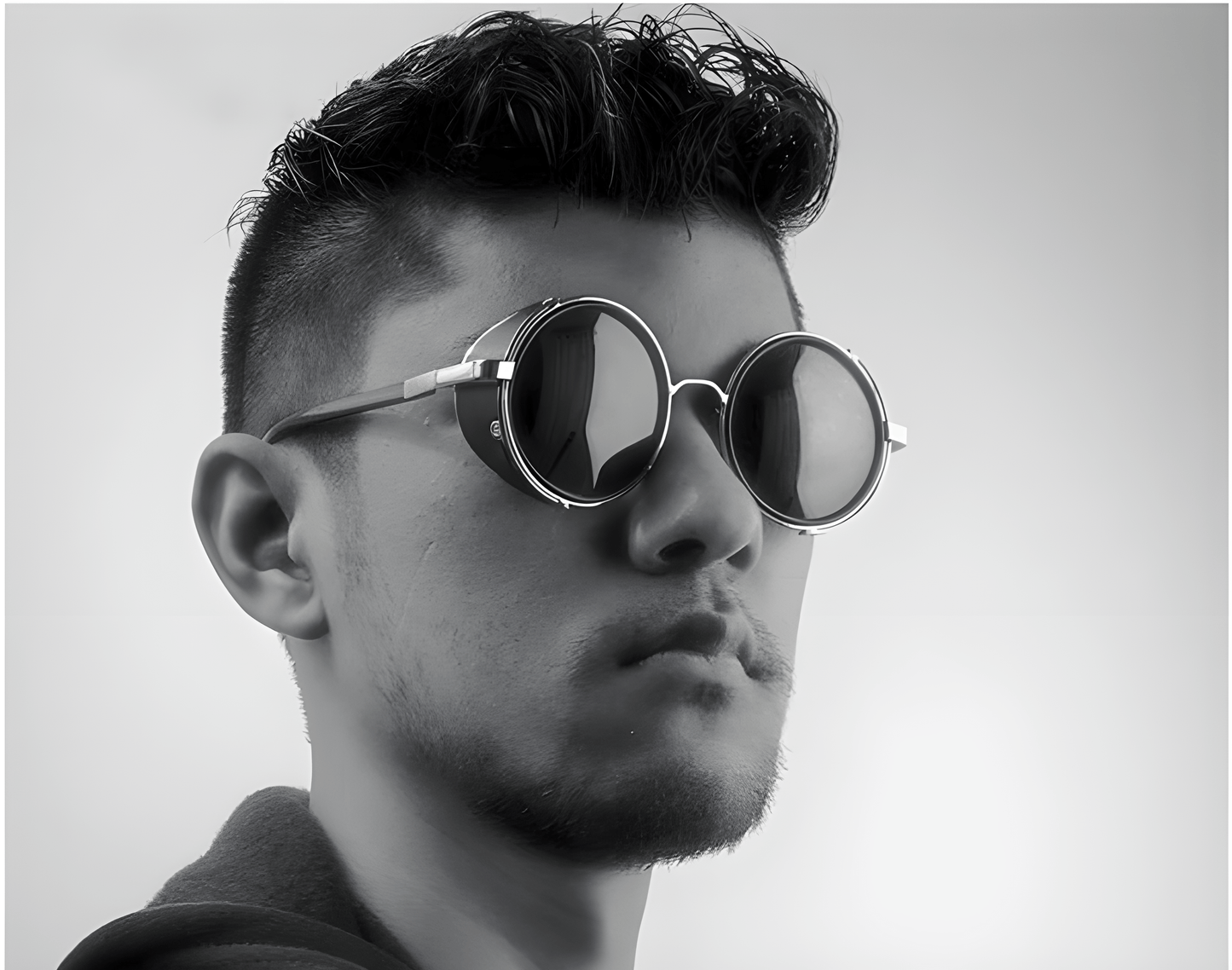 Steampunk techwear sunglasses in black, combining vintage style with modern aesthetics, available in the UK.