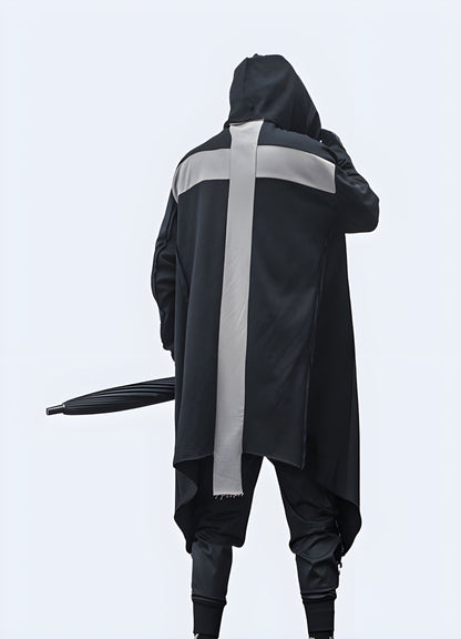 Back view of a man wearing a streetwear cloak, showcasing its oversized silhouette and eye-catching style for a standout look in the UK.