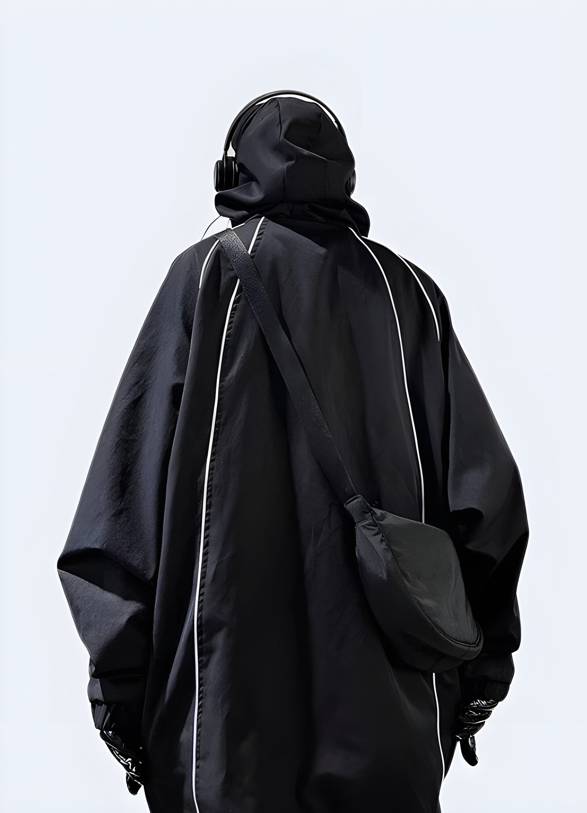 Back view of a man wearing a tactical poncho hoodie, showcasing the practical features and rugged design, perfect for the UK outdoor enthusiast.