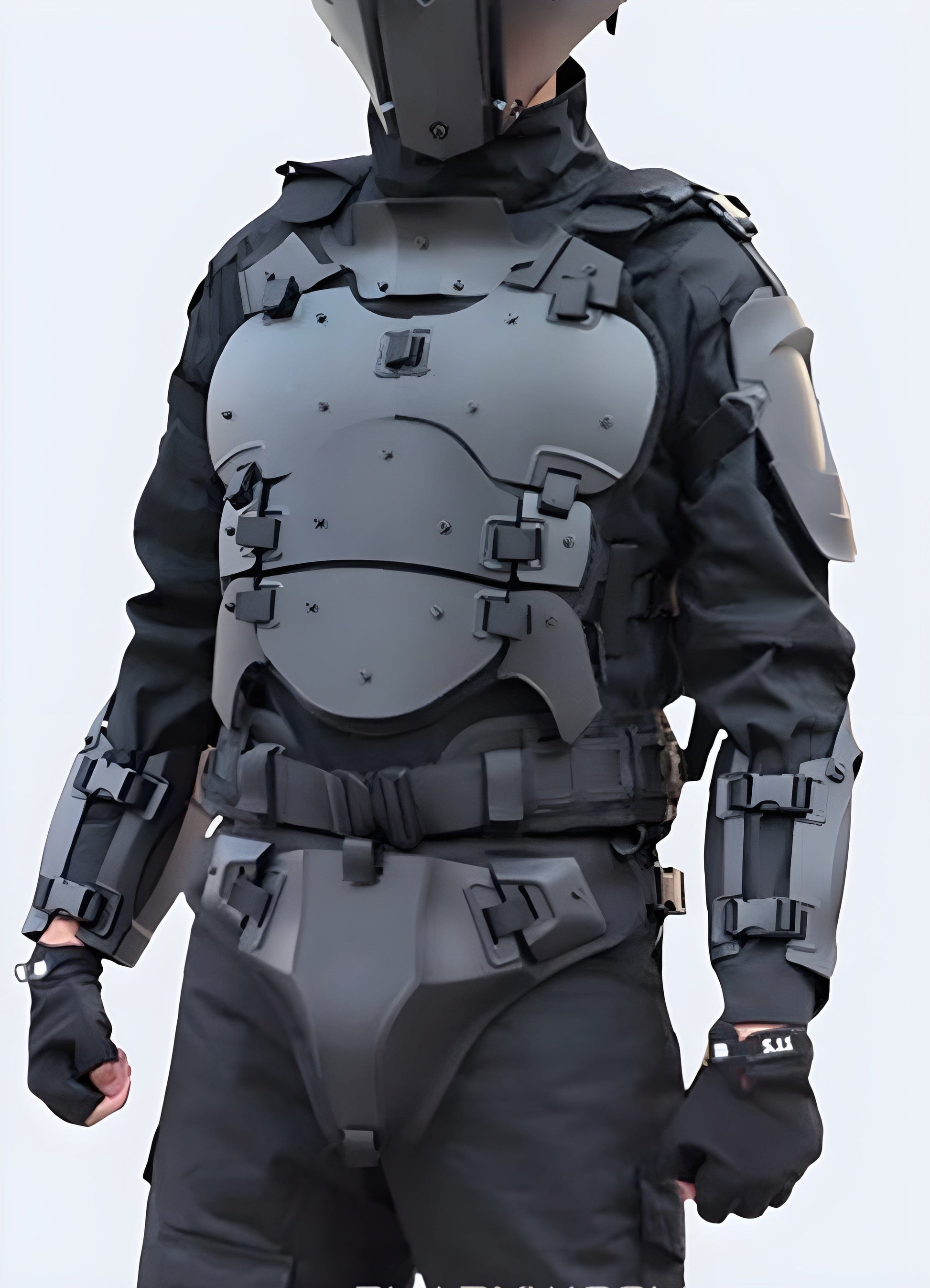 Front view of a man sporting a black techwear armor vest with a modern, tactical-inspired design, multiple pockets, and adjustable straps, perfect for urban fashion and cosplay.