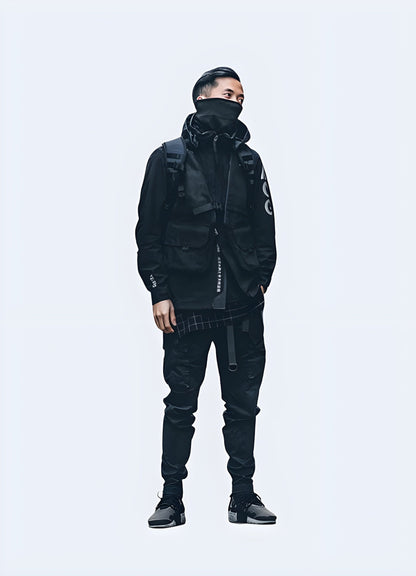 A front view of a man wearing a techwear neck gaiter, emphasizing its modern and protective design, available in the UK.