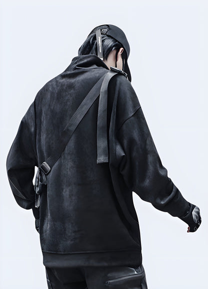 Back view of a man modeling a stylish techwear pullover, highlighting its technical features and comfortable fit in the UK.