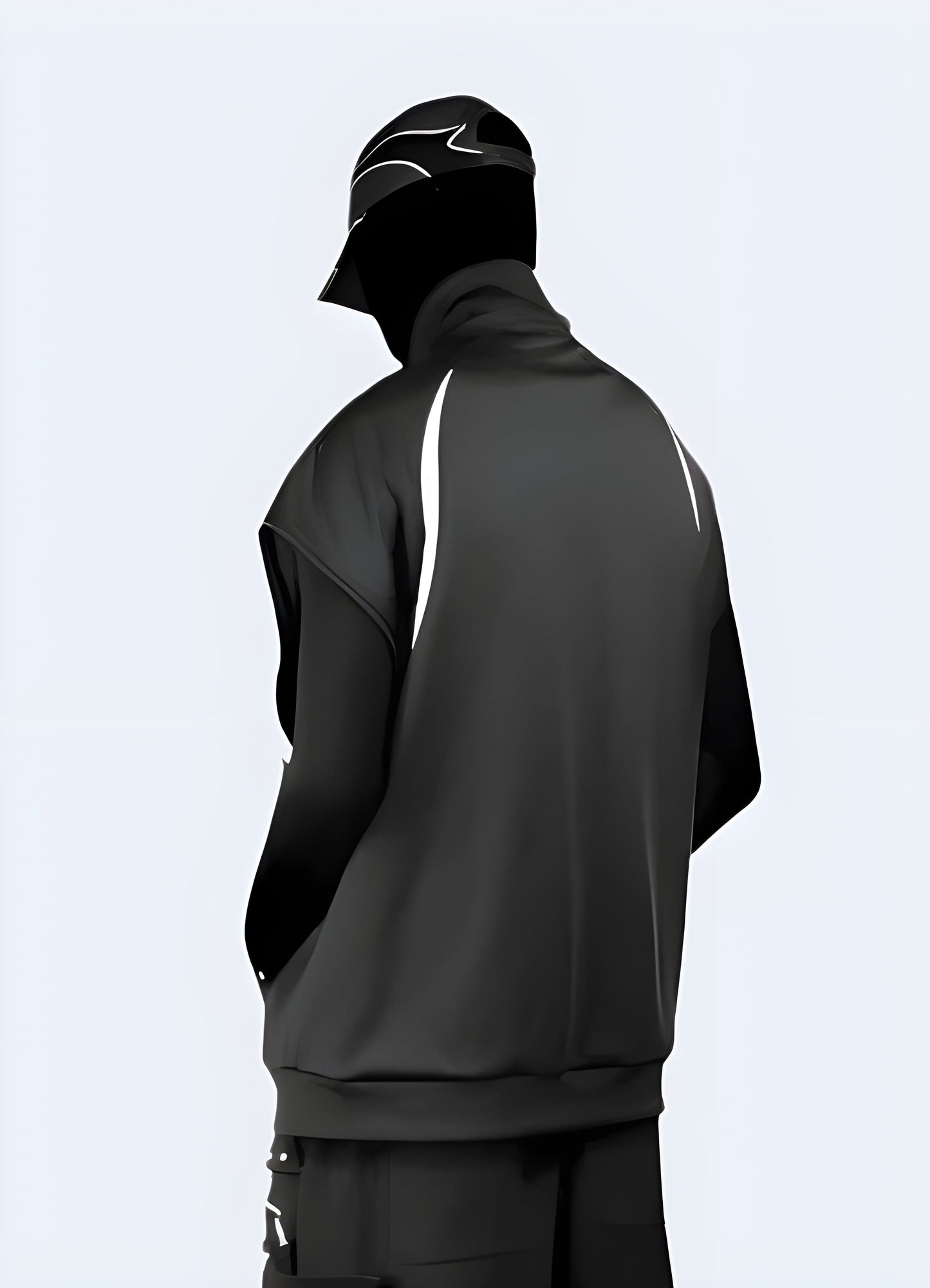  Back view of a man wearing a techwear waistcoat, showcasing its sleek design and advanced features, perfect for UK's modern fashion scene.