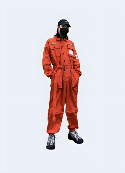 Model showcasing front view of techwear workwear outfit for men, featuring functional and stylish design elements, available in the UK.