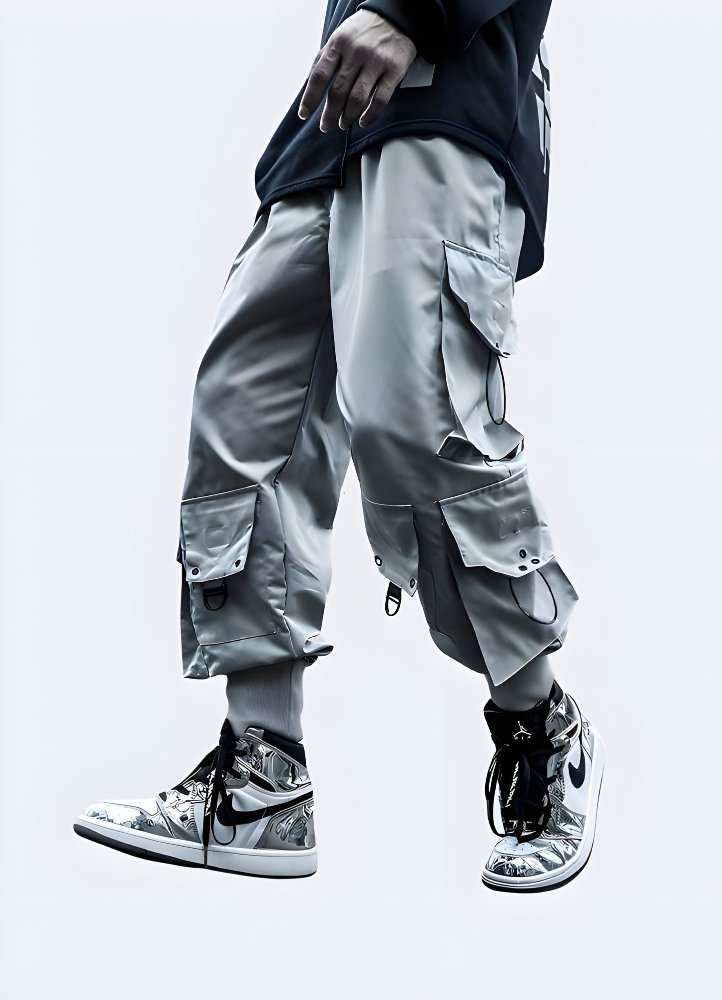 Front side view of a man sporting on-trend urban jogger pants, highlighting the casual yet stylish fit and premium materials, a must-have for UK streetwear enthusiasts.