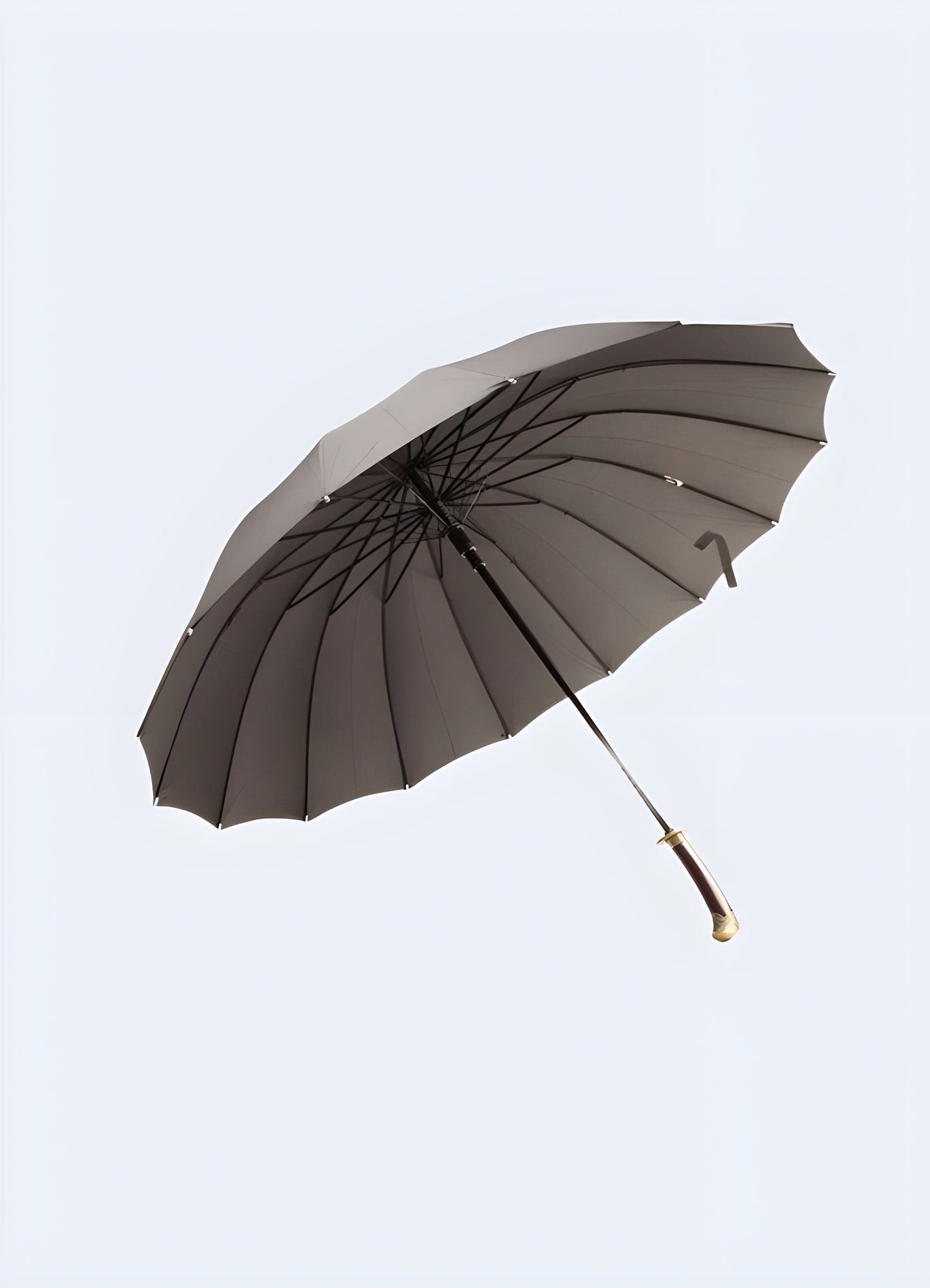  A front view of a martial arts-themed umbrella with 16 ribs, displaying its wide, open canopy and robust structure. 