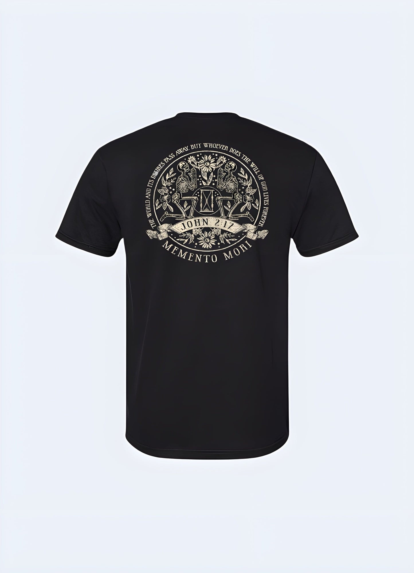 Back view of a memento mori shirt showcasing its unique design and high-quality construction, ideal for those who appreciate meaningful and thought-provoking fashion in the UK.