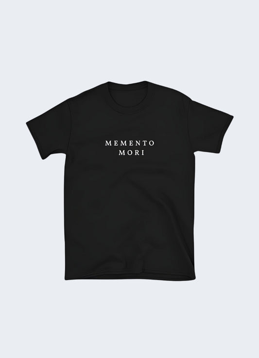 Thought-provoking memento mori shirt, reminding the wearer of life's fleeting nature, perfect for fans of philosophical fashion in the UK.