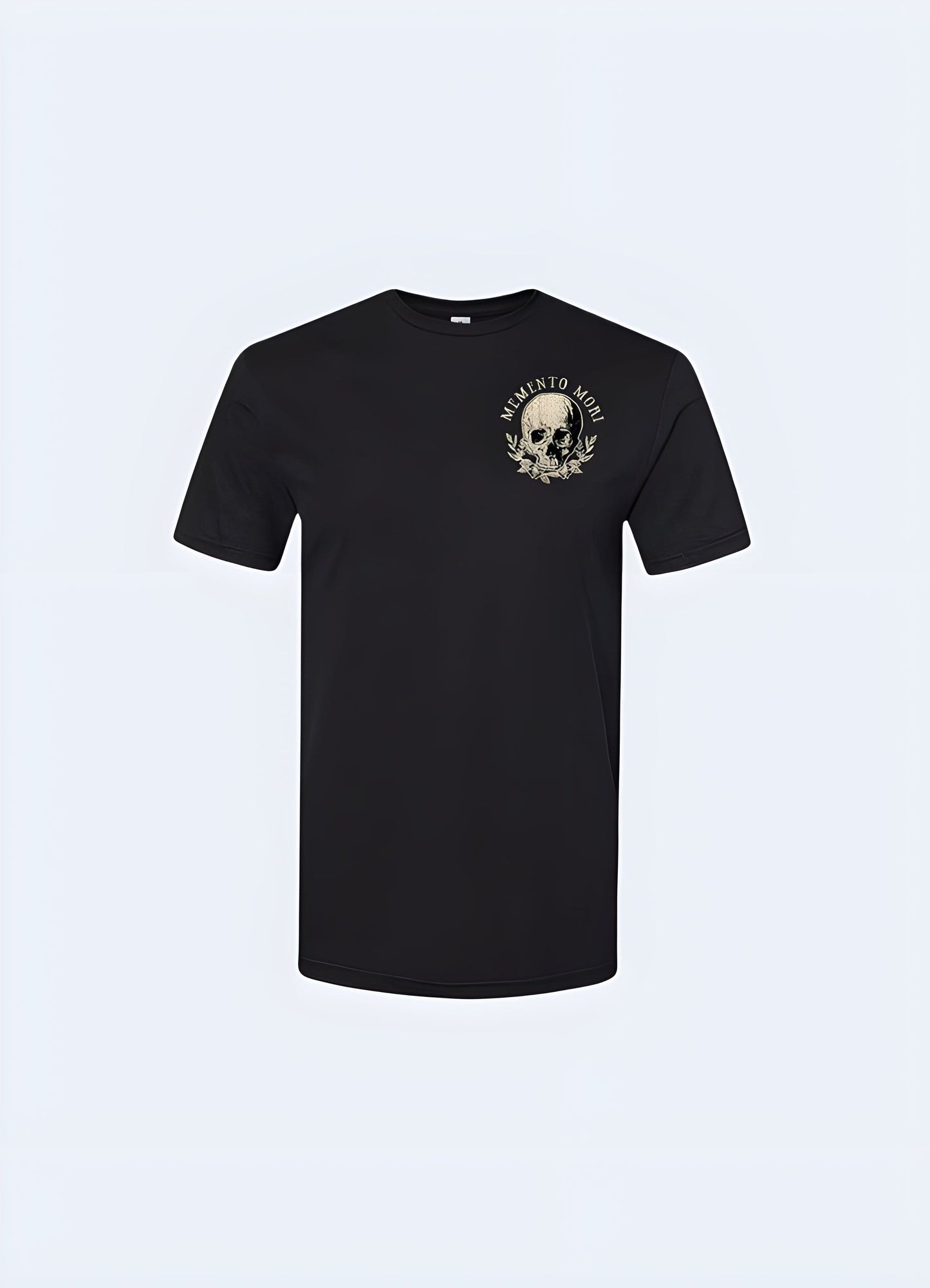 Front view of a memento mori shirt featuring a striking skull graphic, symbolizing the inevitability of death and the importance of living life to the fullest in the UK.