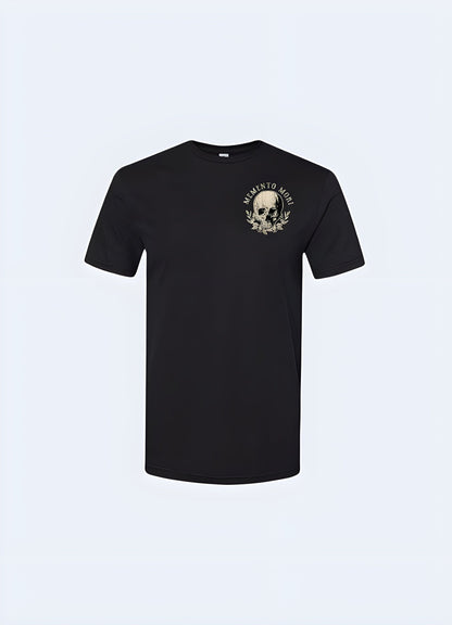 Front view of a memento mori shirt featuring a striking skull graphic, symbolizing the inevitability of death and the importance of living life to the fullest in the UK.