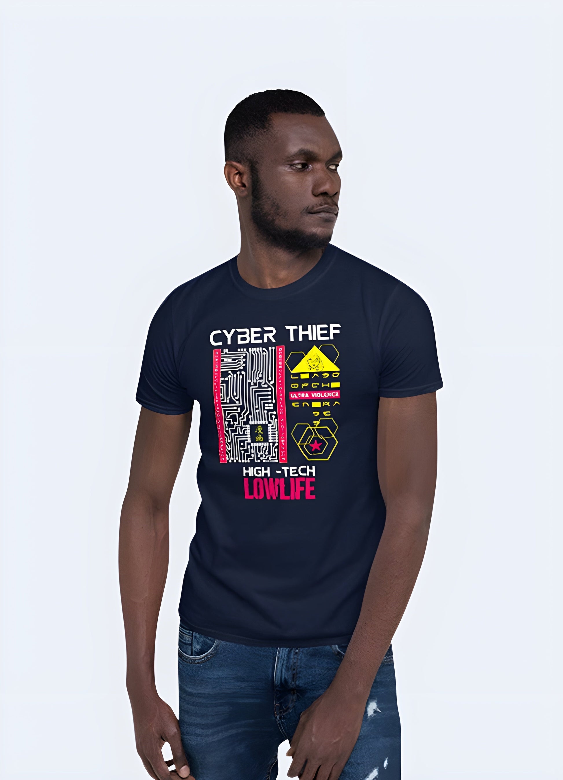 Front view of a man wearing a High Tech Low Life shirt, emphasizing its unique style and comfortable fit for cyberpunk fans in the UK.